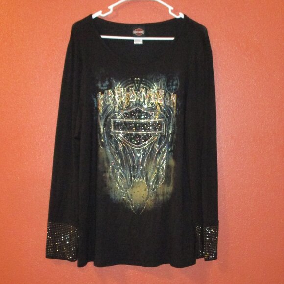Harley-Davidson Tops - Harley Davidson Woman 2X Large Black Gold Green Bling Bling Long Sleeve Shirt
